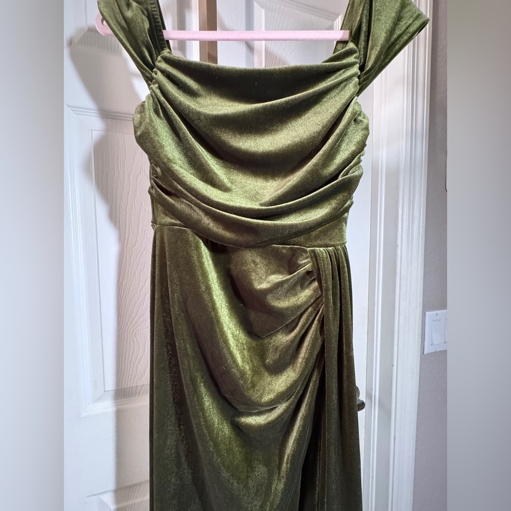 Off the shoulder olive green velvet dress.  Sz S.